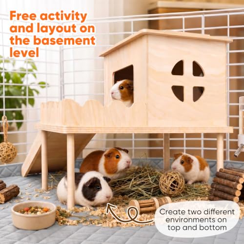 Guinea Pig Hideout, Guinea Pig House & Castle with Ramp, Platform | Multi Level Fun, Pet Friendly Wooden Board, Easy‑Climb Ramp, Well‑Ventilated Resting House, Available for Multiple Species - size: Style 2: 11.8 x 11 inches