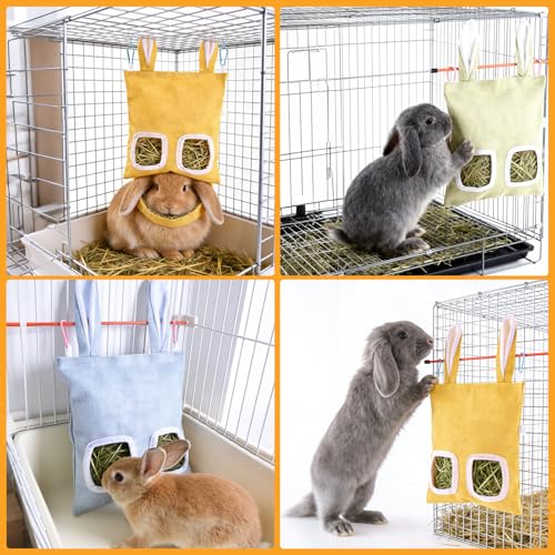 2 Pack Rabbit Guinea Pig Hay Feeder, Cute Bunny Hay Bag, Hanging Hay Holder for Guinea Pig Cage, Hay Feeder for Rabbits Chinchillas Hamsters Small Pets and Animals (Yellow & Green)