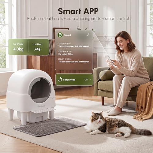 Automatic Litter Box, Self Cleaning Litter Box with APP Control, Large Capacity Cat Robot for Multiple Cats, 5 Safety Sensors, 3-Minute Assembly, with Trash Bags, Litter Mat, Cat Step