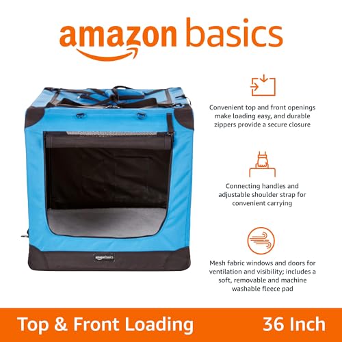 Amazon Basics Folding Portable Soft Pet Dog Crate Carrier Kennel, 36 x 24 x 24 inches, Blue - color: BLUE, size: 36.0"L x 23.4"W x 24.0"H