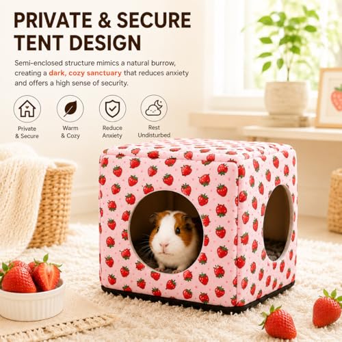 Guinea Pig Hideout House with Removable Cushion, Washable Small Animal Cube Bed, Cozy Bunny Hideaway for Guinea Pigs, Chinchillas, Hedgehogs, Hamsters & Dwarf Rabbits - color: Pink Strawberry