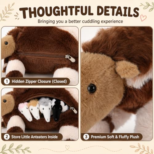 Hollowfly 5 Pcs Anteater Family Stuffed Animal Set 19.29" Mommy Anteater Plush Toy with 4 Cute Babies Zippered Belly Inside Wild Zoo Animals Gifts for Kids Adults Birthday Holiday Christmas Stocking - style: Anteater