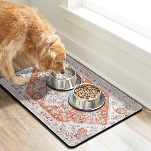 Dog Food Mats for Floors Absorbent, Pet Cat Food Mat - Non Slip Dog Bowl Mats for Food and Water Pet Supplies - color: Orange, size: S(12"×20")