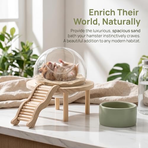 Hamster Sand Bath Container with Clear Dome, Anti-Scatter Dust Box for Dwarf Hamsters, Syrian Hamsters & Gerbils, Easy-Entry Small Pet House (Small) | Sand bath for hamsters, anti-scatter clear dome, curved ladder, scoop included for dwarf, Syrian hamster