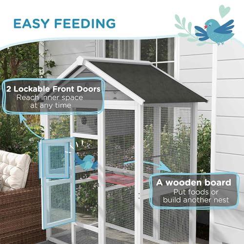 PawHut 64.5" Wooden Bird Cage Aviary, Flight Cage with 4 Perches, Nest and Slide-Out Tray for Indoor/Outdoor, Gray | 4 Perches, Nest, Slide-Out Tray