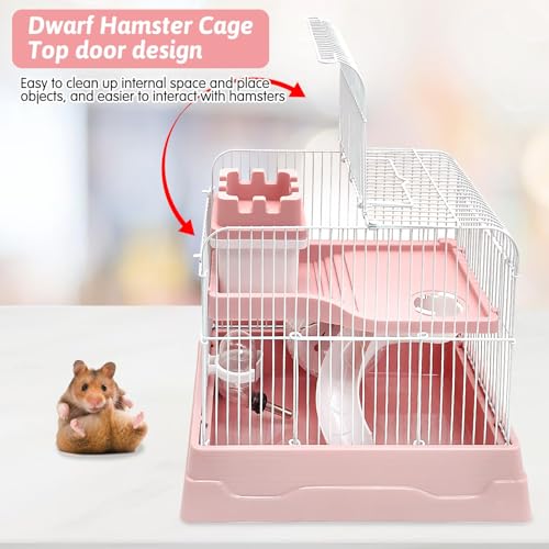PINVNBY 2-Tier Dwarf Hamster Cage, Travel Portable Guinea Pig Cages Rat Cage and Habitats Small Animal Carrier with Castle House Running Exercise Wheels, Water Bottle and Food Dish (Pink - color: Pink, size: M: 11.7x8.7x9.8in