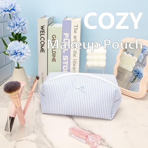 PAZIMIIK Cozy Makeup Bag for Women,Zipper Cosmetic Pouch,Stripe Blue | Soft Cosmetic Organizer for Makeup,Skincare,Toiletries,Daily Beauty Essentials,Purse,On-the-Go,Bridesmaid Gifts - color: Stripe Blue