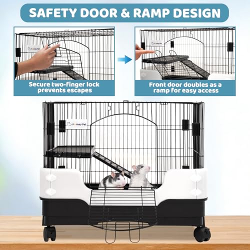 Homey Pet Rat Cage, Small Animal Cage for Ferret, Chinchilla, Guinea Pig | Portable, Lockable Wheels, Splash Guard, Easy-Clean Pull-Out Grid Tray, Non-Slip Ramp, Safe Lock, Chew-Proof, Black 2-Tier - size: 25.0"L x 16.5"W x 21.0"H