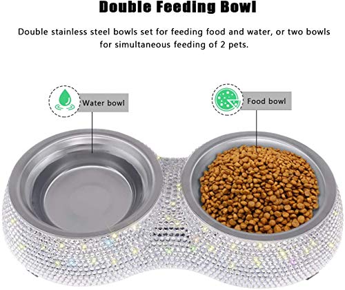 SAVORI Small Dog Bowls, Handmade Bling Rhinestones Stainless Steel Pet Bowls Double Food Water Feeder for Puppy Cats Dogs Cats (Silver-320ml) - color: Silver-320ml