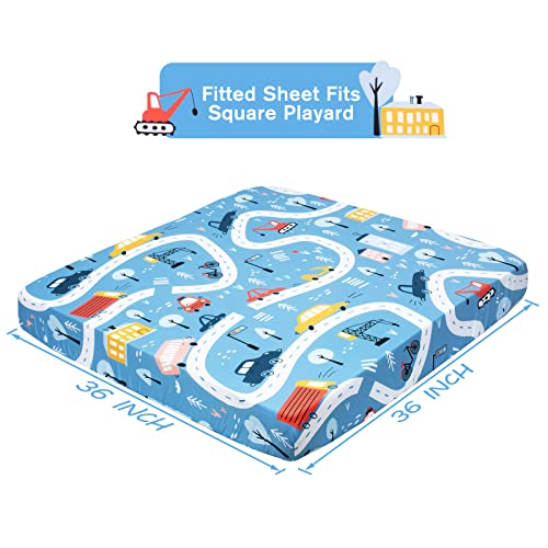 Cloele Square Playard/Playpen Fitted Sheets for Baby,36 X 36in,Blue Car | Portable 36x36 Playard Mattresses,Pack and Play Crib Sheets, Ultra Soft Polyester, For Baby - color: Blue Car, size: 36"x36"