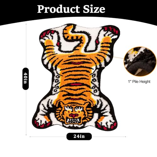 Tibetan Tiger Rug, Orange Tiger Bath Mat Fun Cute Animal Rug | 24 x 40 In, Soft Plush Pile, Non-Slip Backing, Washable, Irregular Shape, Bedroom and Living Room Floor Accent - color: Orange