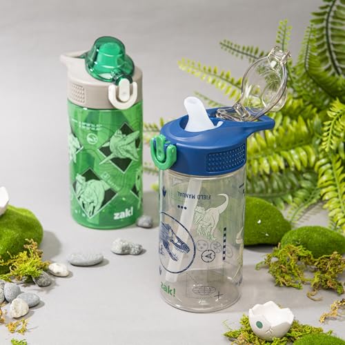 Zak Designs Jurassic World Sage 16oz Leak-Proof Straw Kids Water Bottle | BPA Free Durable Plastic, Cupholder Friendly, Dishwasher Safe, Easy to Clean, Lid Lock, Handle, For School, Home, Travel - color: Jurassic World (Green and Blue)