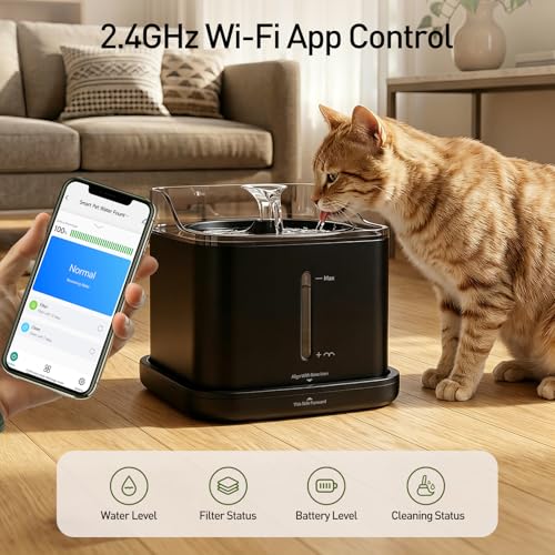 Cat Water Fountain, 2.2L Automatic Pet Water Fountain for Cats and Small Dogs, 2.4GHz WiFi App Control, Rechargeable Motion Sensor, 3 Water Modes, Detachable Tank, Black - color: BLACK