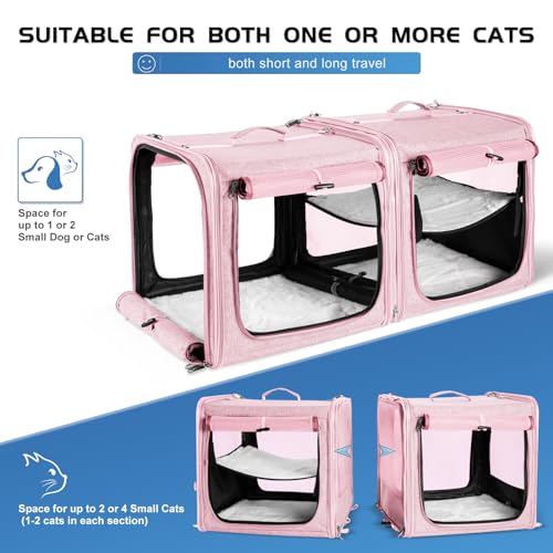 Extra Large Cat Carrier for 2 Cats with Travel Litter Box, 2-in-1 Foldable Soft Pet Car Travel Carrier with Zipper Locks for Multiple Cats Small Dogs Up to 45 Lbs, Pink - color: Pink