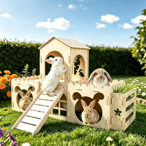 5 in 1 Extra Large Bunny House，Rabbit Hideout and Wooden Castle Hutch Cage | Detachable With Ramp 4 Houses and a Hay Feeder，Sturdy Guinea Pig and Chinchilla Cages,Small Animal Pet Tunnel Habitat