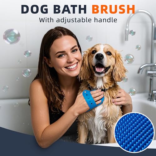 4PCS Dog Bath Brush | Scrubber for Bath | Shampoo Brush | Toothbrush | Finger Toothbrush | Dog Shower/Washing Brush with Adjustable Ring Handle - Pet Bath Supplies (Blue Green) - color: Blue Green