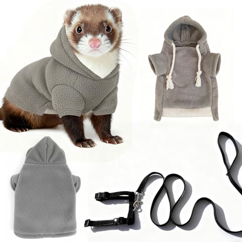 Small Pet Harness Vest and Leash Set Ferret Clothes Hoodies for Ferrets for Outdoor Walking Rabbit Ferret Guinea Pig Bunny Hamster Puppy Kitten (Gray Clothes + Leash) - color: Gray clothes + leash