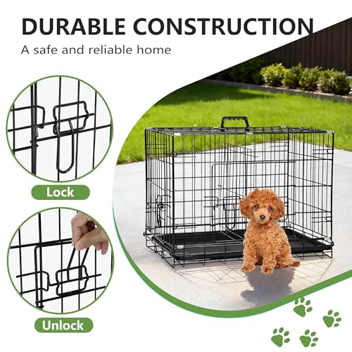 FDW 24-Inch Dog Crate Pet Cage with Metal Folding Design Plastic Tray Indoor Outdoor Dog Kennel Cage for Small Dogs,Dark Black - color: Dark Black