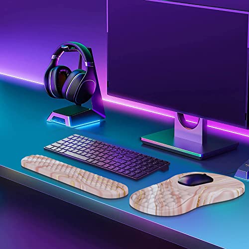 HAOCOO Ergonomic Keyboard Wrist Rest & Mouse Pad Set, Rose Gold Pink | Memory Foam Wrist Support, Ergonomic Keyboard Rest, Smooth Mouse Pad Surface, Non-Slip PU Base, Matching Coaster Set - color: Marble Rose Gold Pink Fluid