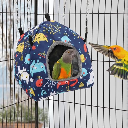 Wontee Bird Plush Hammock Parrot Hanging Snuggle Cave Happy Hut Tent for Parakeet Cockatiel Conure Lovebird Budgie Hamster Gerbil Rat Chinchilla Squirrel Cage (M, Blue Cat) - color: Blue Cat, size: M