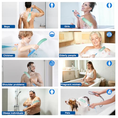Back Scrubber for Shower,15.35"Curved Body Brush with Anti Slip Long Handle | Long Back Scrubber for Men & Women, Skin Exfoliating Curved Back Scrub Brush, Removable Long Handle Mesh Sponge Back Washer - size: Black+Blue Handle