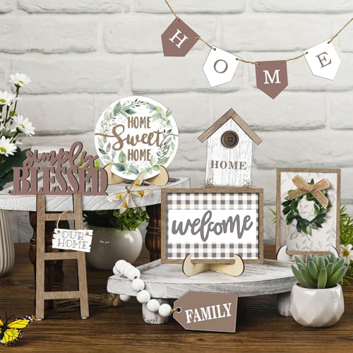 FairySandy Set of 11 Farmhouse Tiered Tray Decor Rustic Home Tiered Tray Decorations Set Wooden Signs Home This is Us Farmhouse Tabletop Wood Signs for Kitchen Table Shelf Decor - style: Greenery