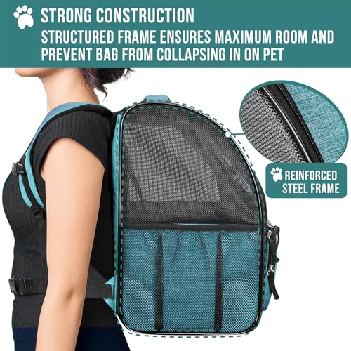 PetAmi Dog Backpack Carrier Airline Approved Cat Pet Puppy Bag, Turquoise | Ideal for Small Medium Large Pet up to 18 lb, 2 Side Entry Structured No-Collapse Frame, Ventilated Bookbag for Hiking Travel - color: Sea Blue