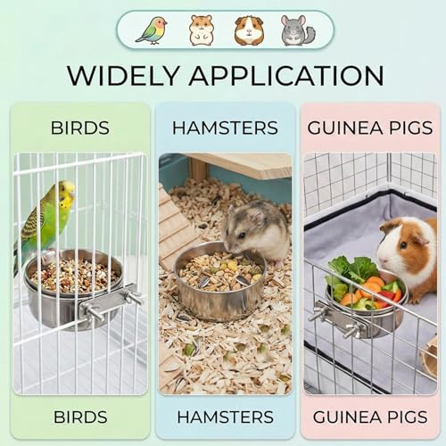 3 Pcs Stainless Steel Bird Feeding Cups with Clamp Holder - Birdcage Food Water Dish Bowls for Cockatiel Parakeet Macaw Finches Lovebirds Small Animals