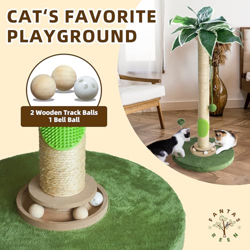 Fantasreen Cat Scratching Post 33'' Tall with Toy, Self Groomer for Indoor Cats - color: Palm Green-33 Inches