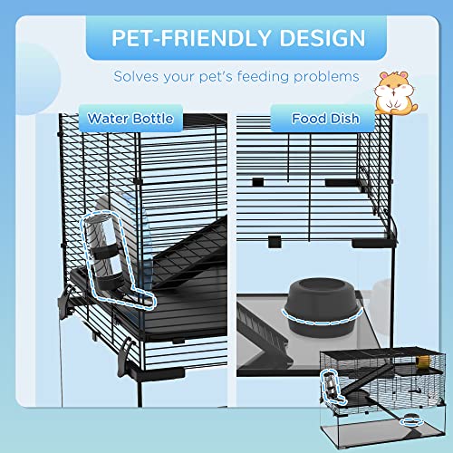 PawHut Large Hamster Cage Deep Tempered Glass Bottom 30"x19"x21.5" Black | 3 Tiers Hamster Tank, Running Wheel, Hut, Water Bottle, Dish, Rat Cage for Syrian, Dwarf, Gerbils, Mouse - size: 30.1"L x 19.0"W x 21.5"H