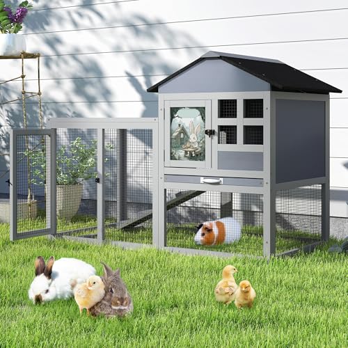 48" L Large Rabbit Hutch Outdoor Indoor, Expandable 2-Story Wooden Bunny Cage with Run, Removale Tray, 3 Entrances, Grey + Colorful Pattern