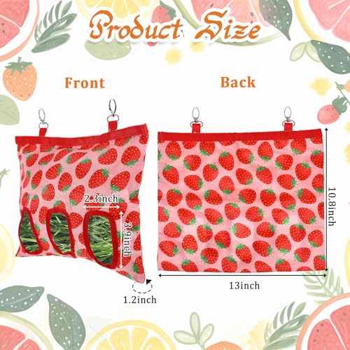 Guinea Pig Hay Feeder, 3 Hole Washable Hanging Hay Bag for Rabbits | Hay Holder for Guinea Pigs Rabbits Chinchilla Hamster Bunny Small Pets and Animal, Strawberry Pattern, 13x10.8inch - color: 3-hole strawberry