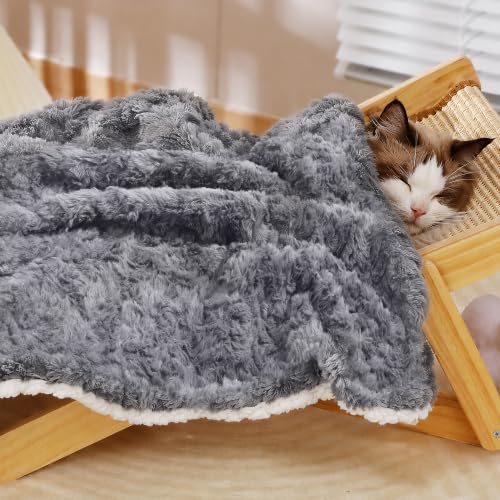 Cat Blanket for Indoor Cats - Ultra Thick 460GSM Faux Rabbit Fur & 260GSM Sherpa, Small Pet Throw for Carrier, Crate & Couch Protection, Soft Thermal Kitten Bedding, 21"x18" Grey - color: Grey, size: 21 × 17 inch