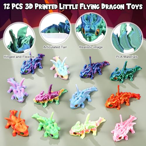 Honoson 12 Pcs 3D Printed Animals 5-7cm, Demon Winged Little Dragon | Articulated Fidget Animals, Flexible 3D Printed Figures for Stress Relief, Cute Mini Joints for Party Favors and Display - size: 5-7cm, style: Demon Winged Little Dragon