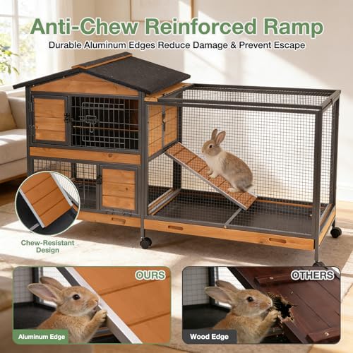 Large Rabbit Hutch Indoor Outdoor, Wooden Bunny Cage with Metal Frame, Chew-Proof Ramp, 3 Leakproof Pull-Out Trays, Rolling Wheels with Locks, Multi-Door Easy Access Small Animal Cage - color: Black-AIR19-X