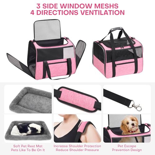 JUNGYOUN Premium Cat Carrier - Pet Carrier for Cat & Small Dogs up to 15lbs - Airline Approved Travel Dog Carrier with Anti-Escape Zippers, Collapsible Travel Bowl & Padded Strap - color: Pink, size: 17.5"L x 12.4"W x 13.5"H