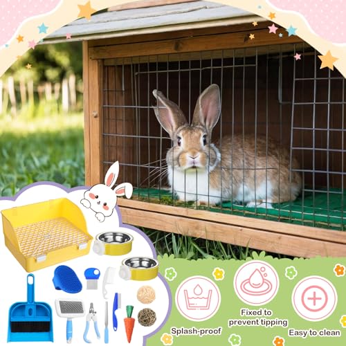 Reallnaive 15 Pcs Rabbit Starter Kit Small Rabbit Litter Box Girls Gift Animal Grooming Kit Bunny Toys Bowl Blankets with Cleaning Set for Guinea Pig Accessories(Yellow) - color: Yellow