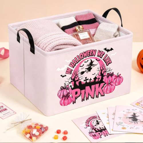Pink Spooky Cute Witch Halloween Basket with Pumpkin Prints, Trick or Treat Storage basket for Gifts and Party Stuffers(Black Pink Halloween) - color: Black Pink Halloween