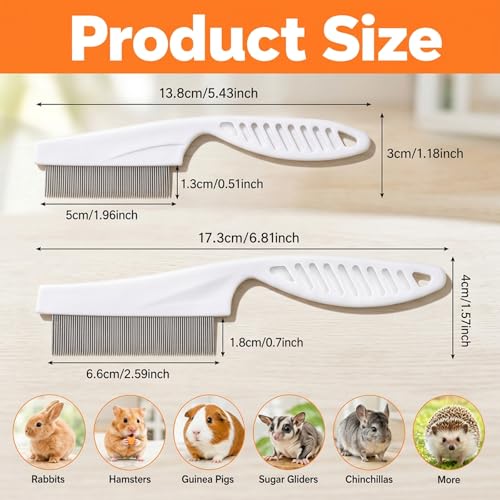 2Pcs Flea Combs, Fine Tooth Rabbit Brush, Stainless Steel Rounded Teeth Bunny Brush for Grooming, Guinea Pigs, Cats, Dogs, Chinchillas, Ferrets and Rabbits