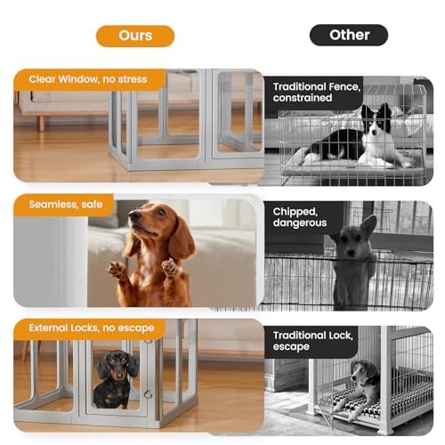 Clear Acrylic Dog Playpen - 33.4 x 33.4 Inch, 24" H 8 Planes Transparent Dog Fence Indoor, Sturdy Pet Pen for Puppy/Small Dog/Rabbit/Pig, Easy Assemble & Cleaning Plastic Whelping Box Enclosure, Grey - color: Grey