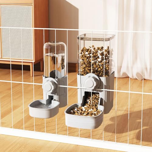 Pet Cage Suspended Water Dispenser, 17oz Hanging Automatic Water Bowl for Rabbit, Bunny, Cat, Ferret, Clear, Plastic (Grey)