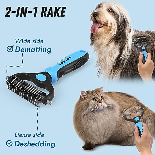Docrok Pet Grooming Combo - Blue Deshedding Brush with Metal Comb for Detangling and Dematting Long, Matted Fur on Cats and Dogs | Dematting Deshedding Undercoat Rake, Cat Brush Dog Brush Shedding Tool for Long Matted Haired Pets - color: Blue