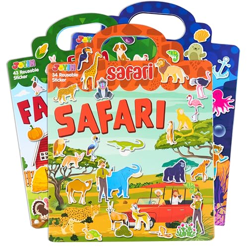 JOYIN 3-Pack Animal Reusable Sticker Book for Toddlers, 3D Sticker Book for Kids 3 4 5, Travel Essentials, Airplane Activity Toys, Crafts Gifts, Birthday Gifts - Farm, Ocean, Safari