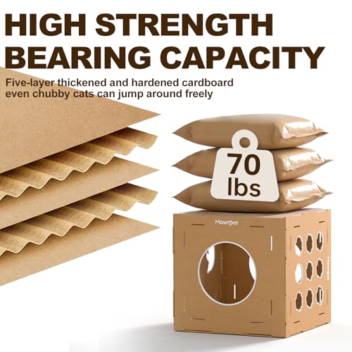 DIY Cardboard Cat House with Scratching Pad, Cat Tower Indoor Play House, Versatile Cardboard Cat Tunnel Box for One or More Pets, Indoor Use Rabbit Hideout Cave Castle Brown, 6 Parts - size: 4 Boxes + 1 Roof + 1 Triangular + 4 Scratchers