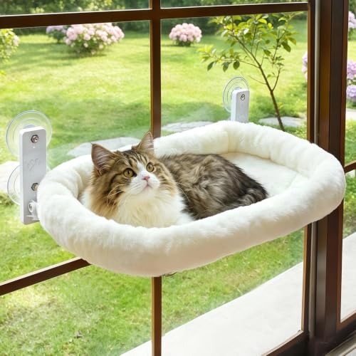 AMOSIJOY Cordless Cat Window Perch, Window Hammock for Cats with 4 Strong Suction Cups, Solid Metal Frame and Soft Cover, Indoor Cat Bed - size: Large