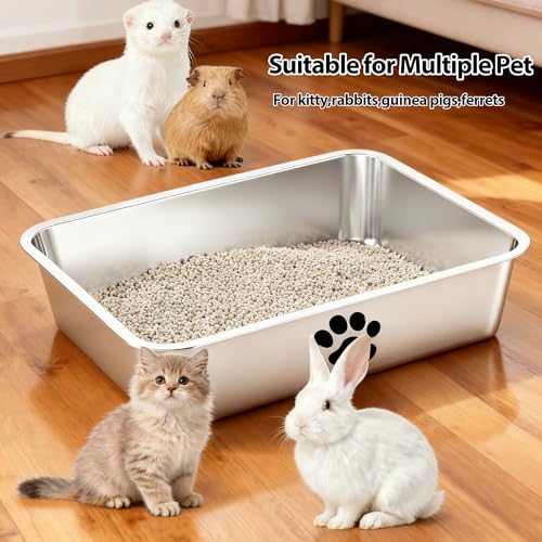 Stainless Steel Cat Litter Box,Metal Kitty Litter Pan,Kitty Shallow Litter Box for Small Animals Cats Kitty,Rabbits Toilet,Easy to Clean,Non Stick - size: 15.7"x 11.8"x 4"