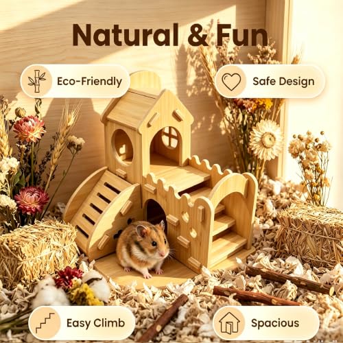 Wooden Hamster Hideout,House and Habitat with Climbing Ladder(Castle) | Hamster Hideout Cage Accessories,Very sturdy and bite-resistant for Mouse Mice Rat Other Small Animals - color: Bamboo