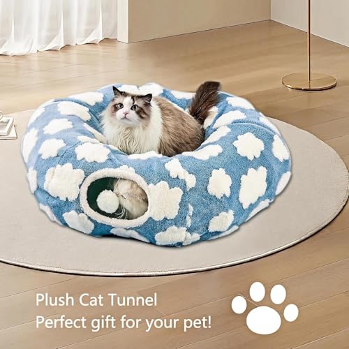 Cat Tunnel Bed with Washable Cushion for Indoor Cat, Donut Cave Tube Toys for Kitten Puppy Rabbit, Blue - color: Blue