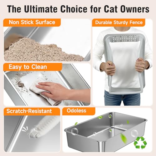 Stainless Steel Cat Litter Box, Extra Large XL Odor Free Metal Litter Box with High Sides Lid, Open Top Litter Pan Include Scoop Easy Cleaning Kitty Cat Box Anti-Urine Leakage, Non-Sticky - color: Light Grey XL