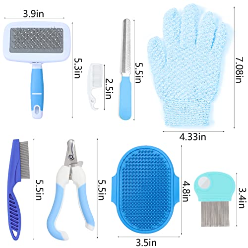 VCZONE Small Animal Grooming Set: Pet Nail Clipper & File, Flea Comb, Shampoo Brush, Shedding Slicker Brush, Massage Glove, Cleaning Comb (Blue) - color: Blue